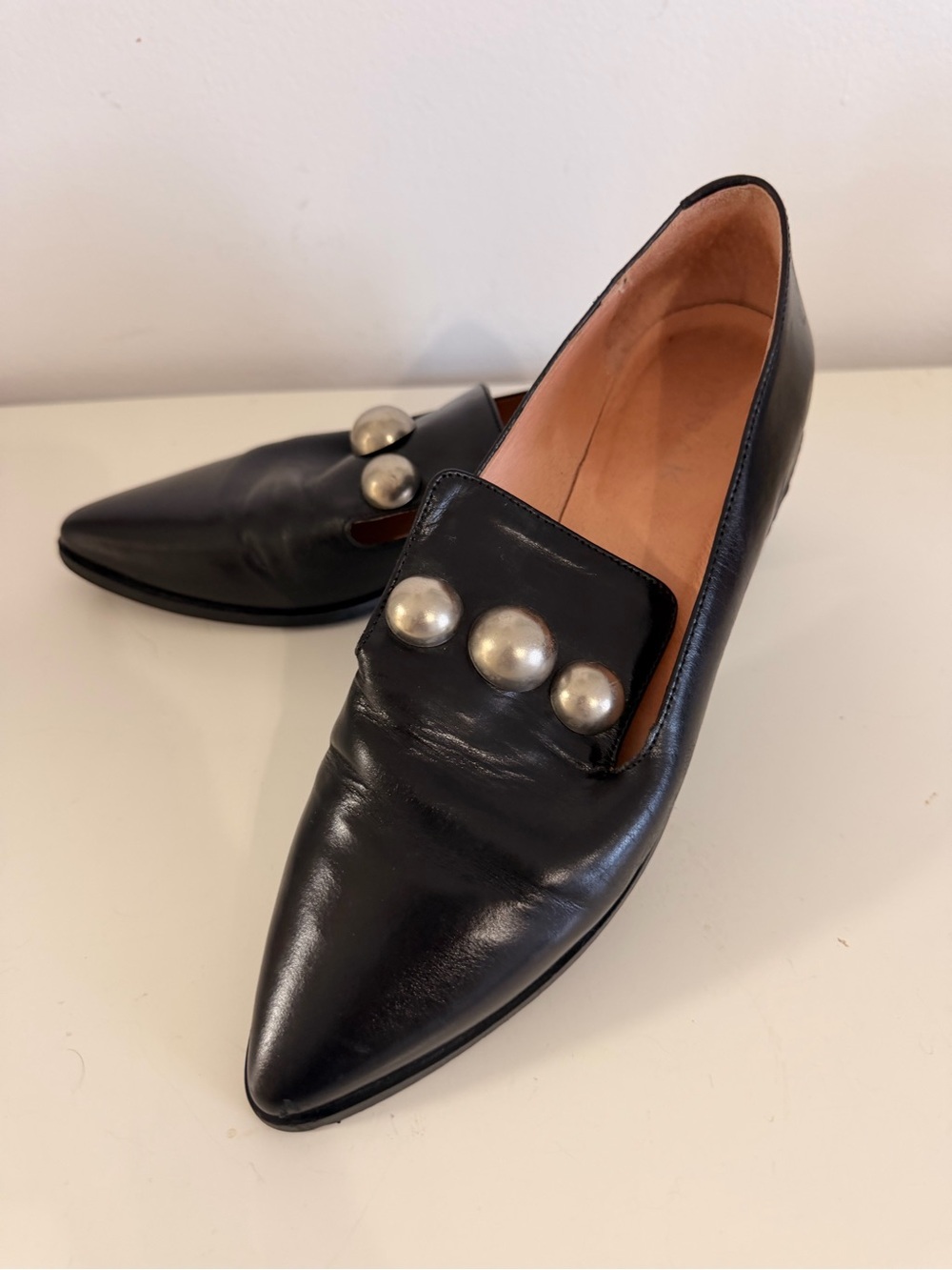 JONAK Paris Black Leather pointed-toe Loafers Shoes Size 8 (EU 38)